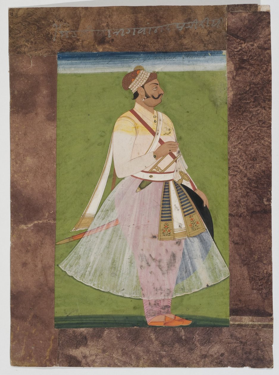 Muotokuva Rathor-päällikkö Bhagwan Dasista, Mertia-klaanista Rianista, Jodhpurista, 1820 (asennettu guassi intialaiselle paperille ruskean paperin komposiittireunuksella) tekijältä Indian School