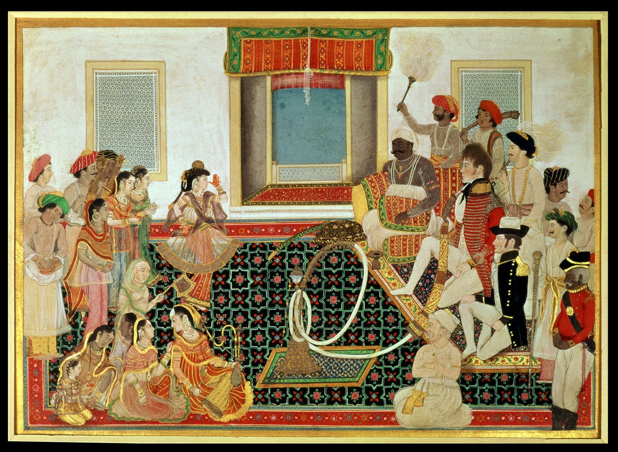 Prinssi Mahadaji Sindhia viihdyttämässä brittiarmeijan upseeria ja merivoimien upseeria, n. 1820 (guassi paperilla) tekijältä Indian School