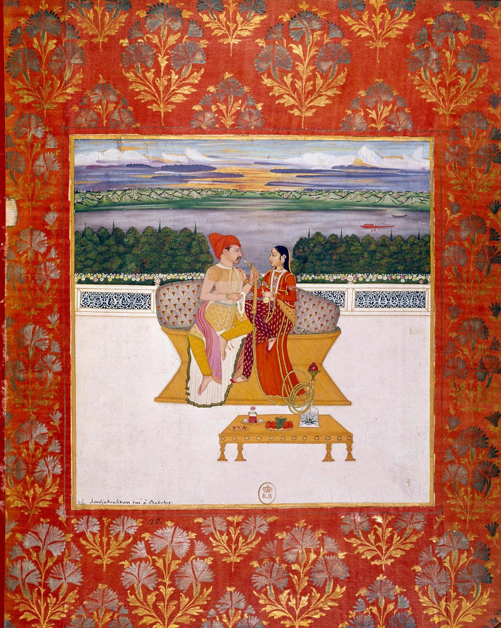 Prinssi Sudjakoulikan naisen kanssa. Intialainen miniatyyri Lucknowin koulusta. 1760 Paris, B.N. tekijältä Indian School