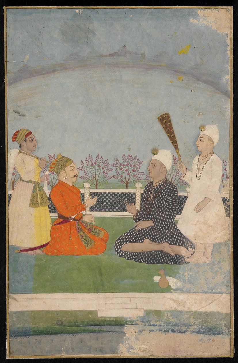 Prinssi vierailemassa pyhän miehen luona, irrotettu albumifolio maalauksella, 1700-luvun puoliväli tekijältä Indian School