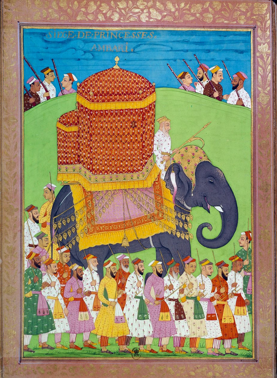 Prinsessa Palanquin norsulla Shah Alemin hovissa intialaisia ja persialaisia miniatyyrejä Niccolo Manuccin (1638-1717) "Intian historiasta Tamertantesta Orangreybiin" -kirjassa. B.N., Pariisi. tekijältä Indian School