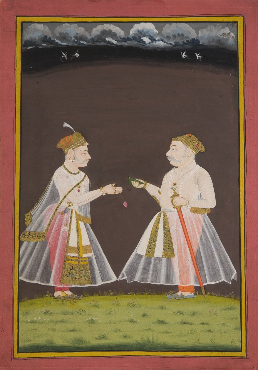 Luultavasti muotokuva Rana Raj Singhistä Udaipurista (1661-81), joka tarjoaa pannun aatelismiehelle, 1820 tekijältä Indian School