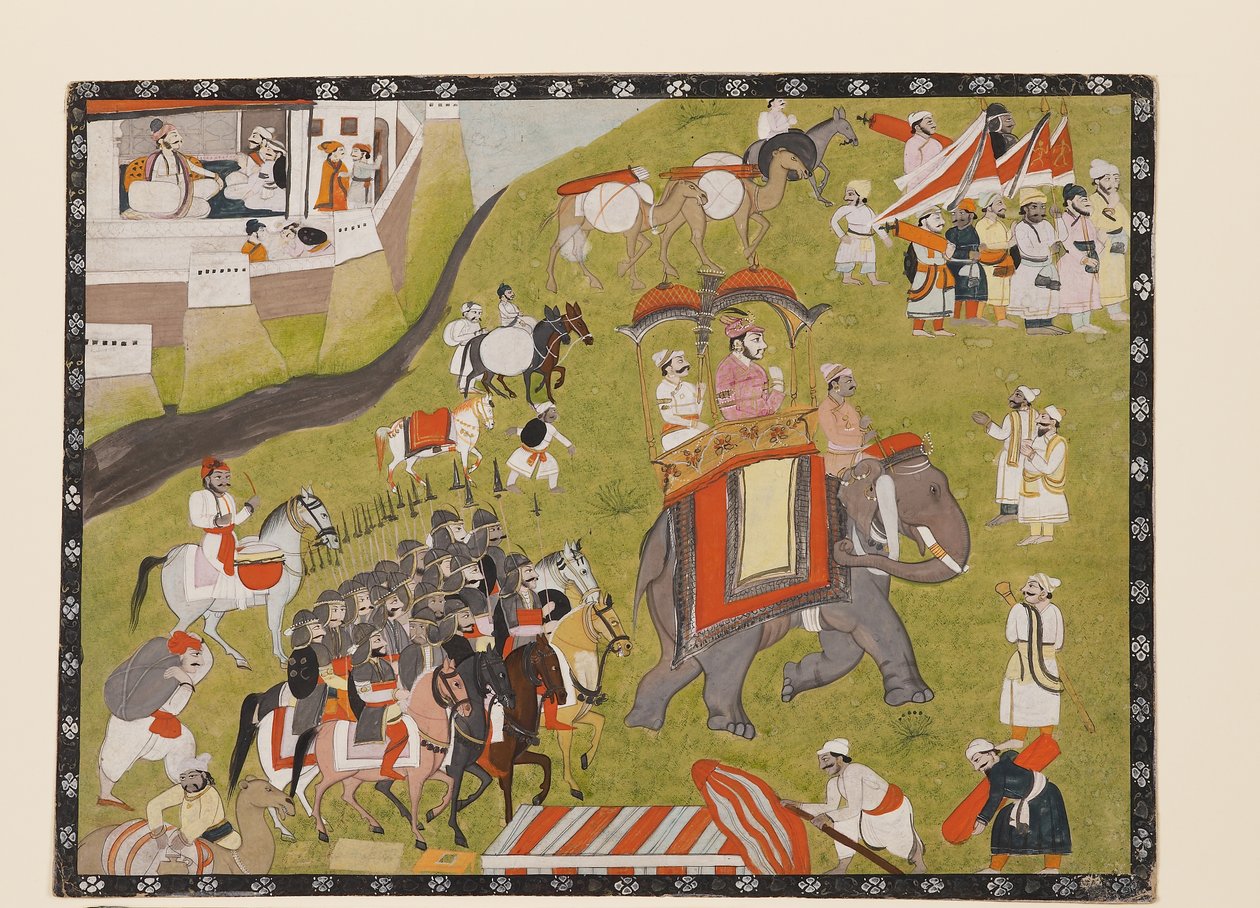 Rajan kulkue norsun selässä aseellisen saattajan ja pidikkeiden kanssa, 1800-luvun toinen puoli (guassi paperilla) tekijältä Indian School