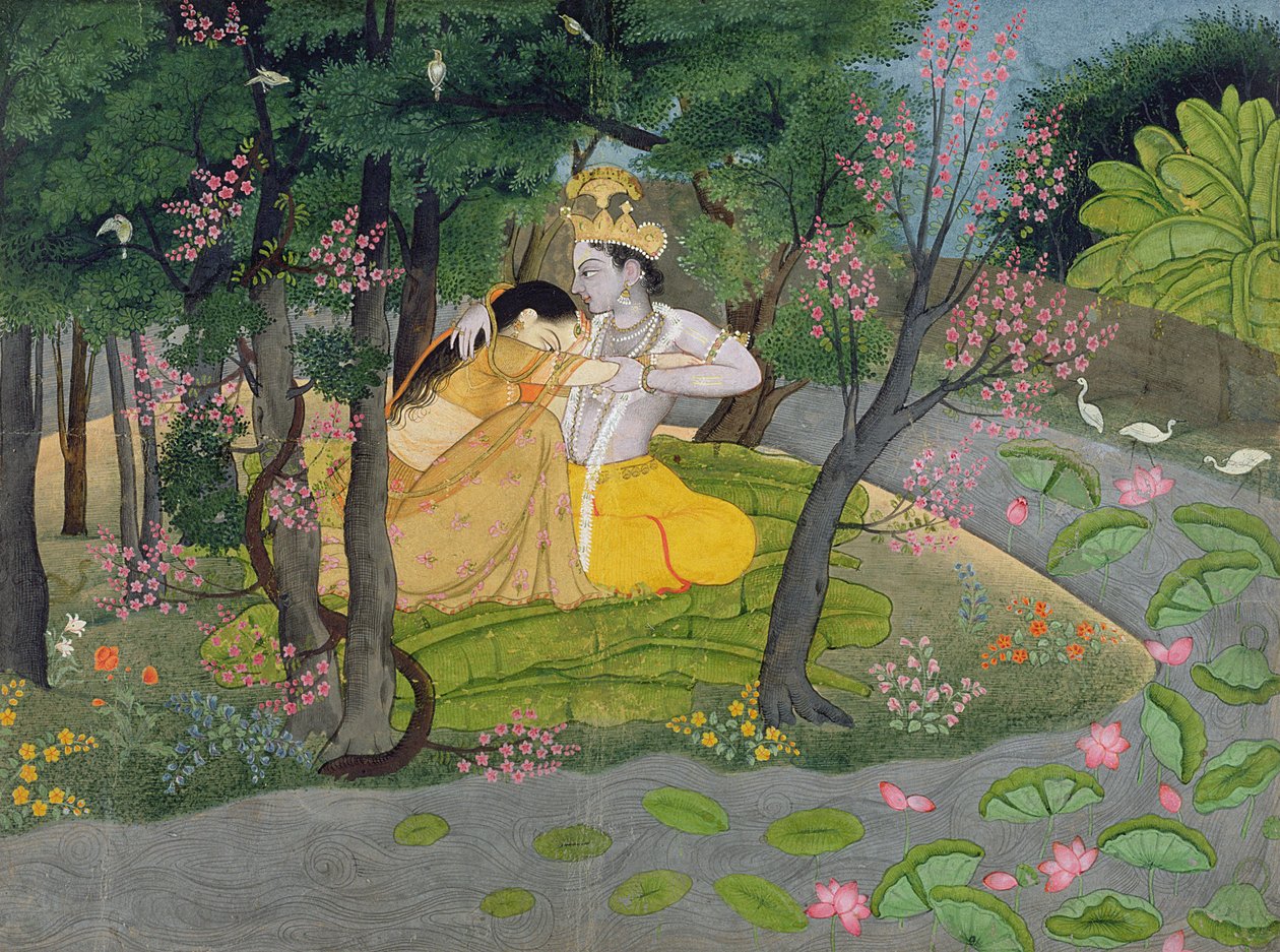 Radha ja Krishna halaavat kukkivien puiden lehdossa, n. 1780 (wc paperilla) tekijältä Indian School