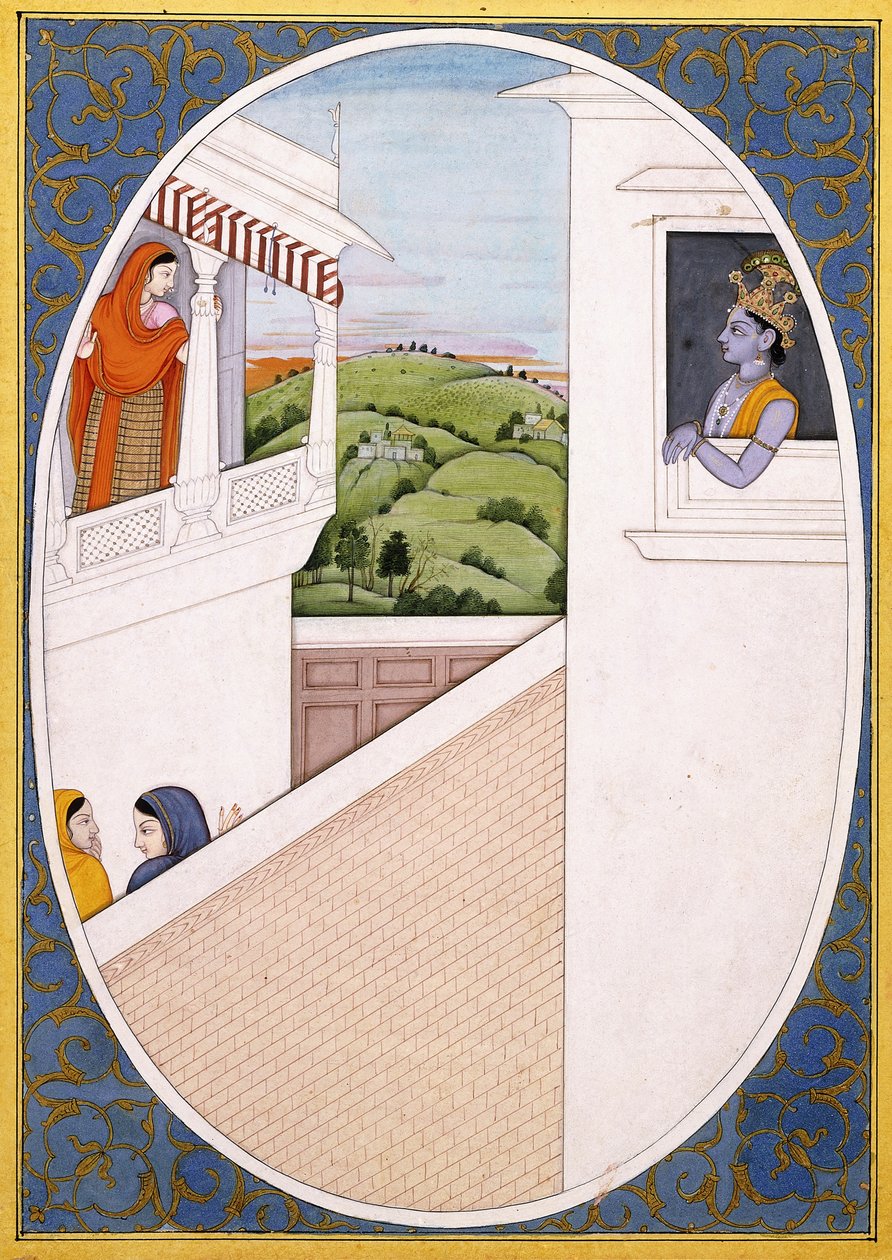 Radha ja Krishna, ihastuneet toistensa kauneuteen, n. 1785 tekijältä Indian School