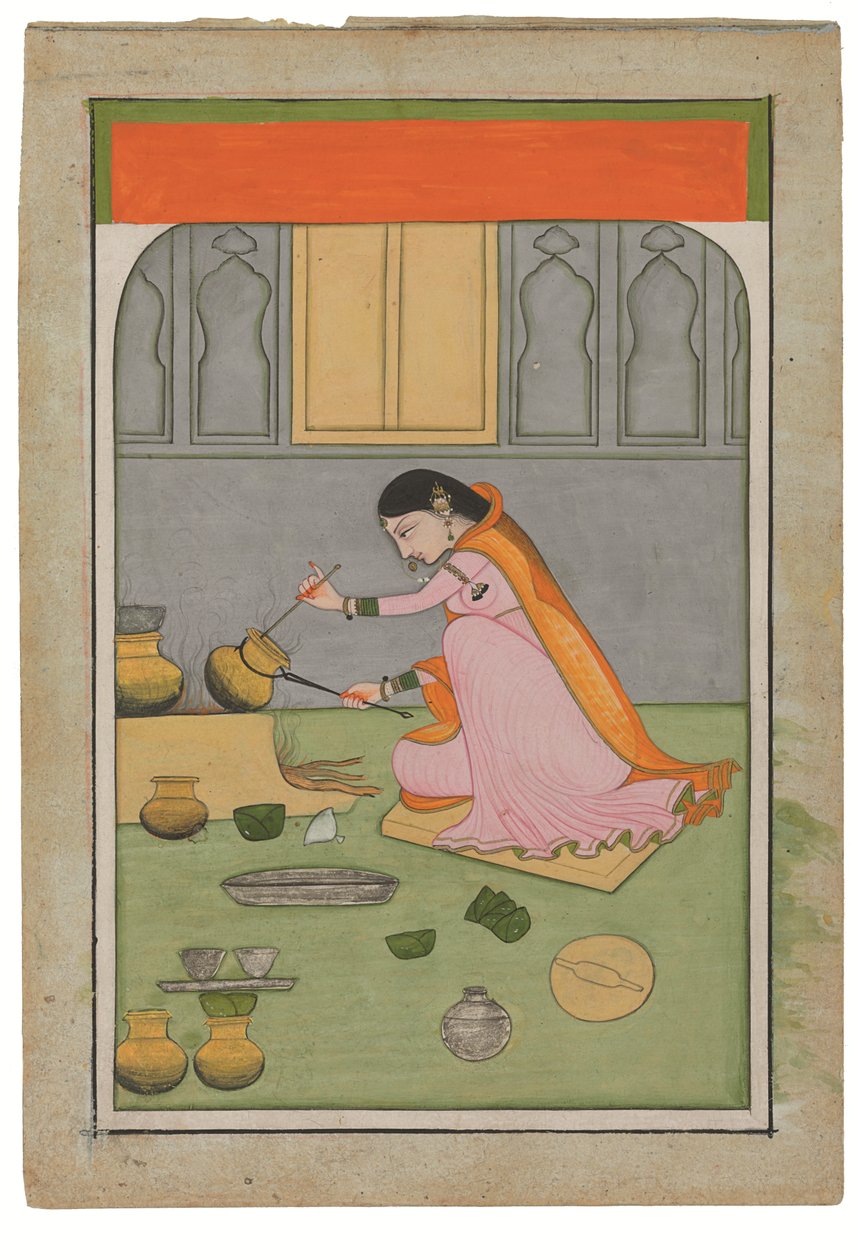 Radha keittiössä, n. 1810 (peittäviä pigmenttejä ja kultaa, wasli). tekijältä Indian School