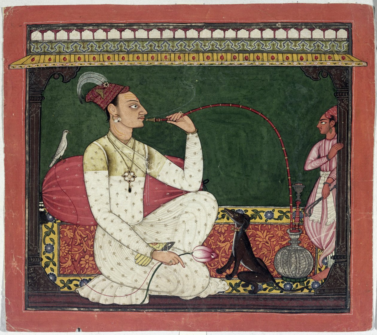 Raja Medini Pal, Inspirated on the Rivers in Takri Characters Bilauria Medini Pal, Basohli, Himachal Pradesh, Pahari School, 1735 tekijältä Indian School