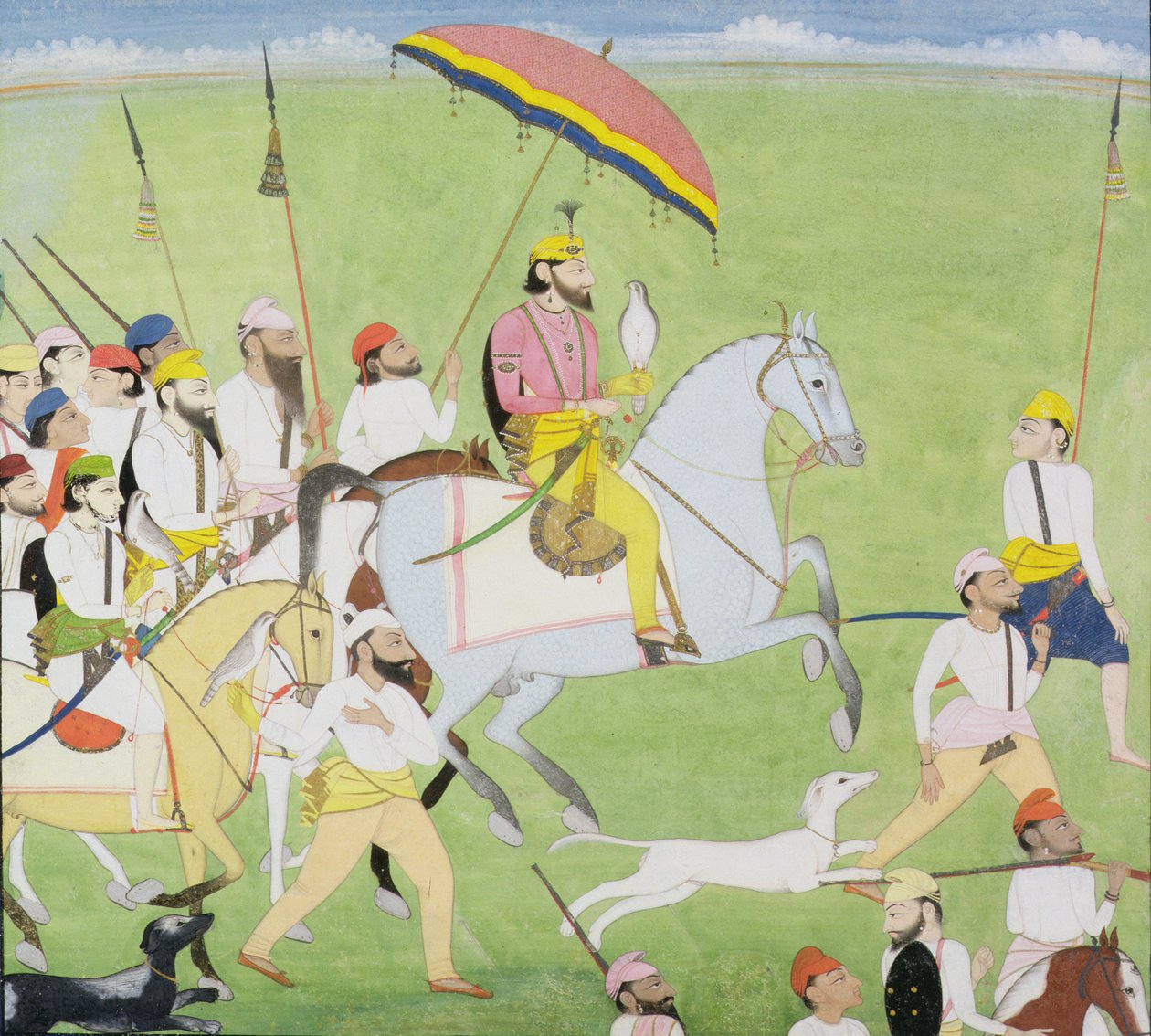 Rajah Dhian Singh (1796-1840) metsästämässä kumppaneiden kanssa, n. 1834-40 tekijältä Indian School