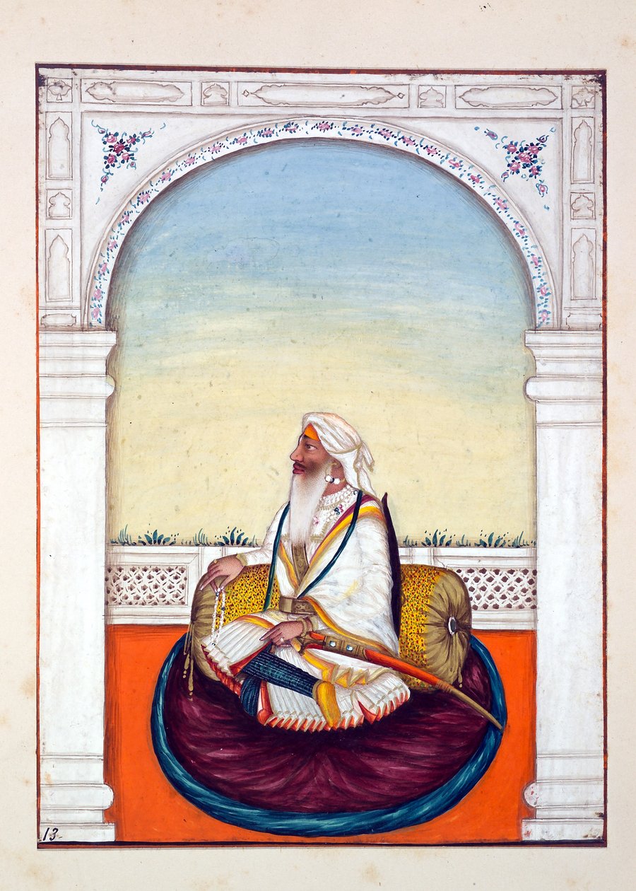 Rajah Iej Singh, kirjasta The Kingdom of the Punjab, its Rulers and Chiefs, osa I, 27 akvarellitutkimuksen osio tunnistamattomalta intialaiselta taiteilijalta, n. 1840 (wc paperilla) tekijältä Indian School