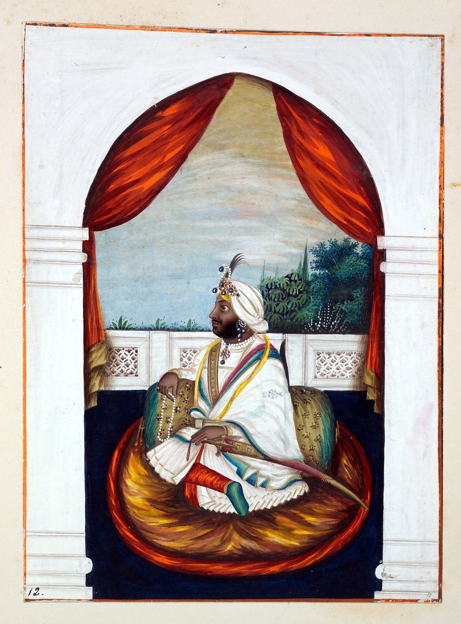 Rajah Sher Singh, kirjasta The Kingdom of the Punjab, its Rulers and Chiefs, osa I, 27 akvarellitutkimuksen osio tunnistamattomalta intialaiselta taiteilijalta, n. 1840 (wc paperilla) tekijältä Indian School