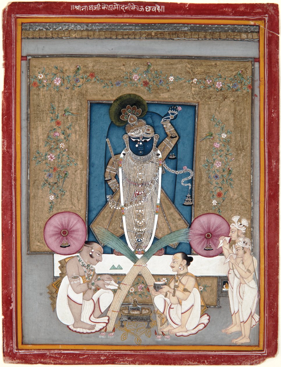 Rajmalkos Raga, n.1775 (läpinäkymätön akvarelli ja kulta paperille) tekijältä Indian School