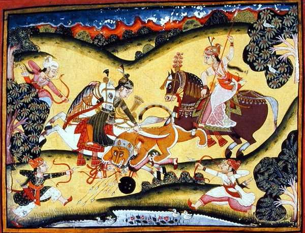 Rajput Princess Killing a Lion, Bundi School, n. 1810-20 (guassi paperilla) tekijältä Indian School