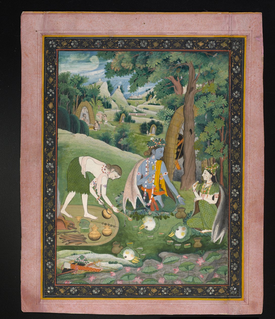 Rama, Lakshmana ja Sita ruoanlaitto ja syöminen erämaassa, n. 1820 (guassi kullalla paperilla) tekijältä Indian School