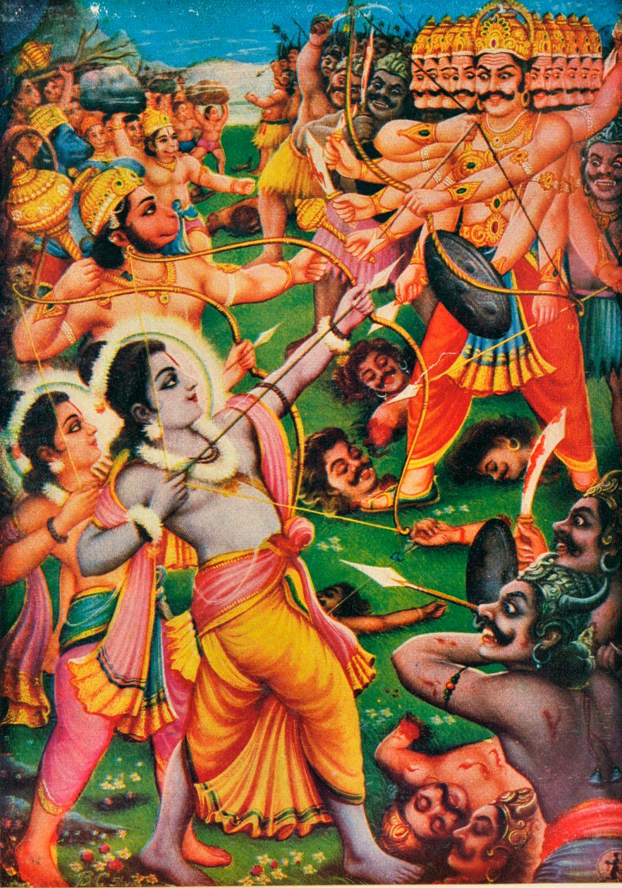 Rama ja Hanuman taistelevat Ravana demonia vastaan, kohtaus Ramayanasta tekijältä Indian School