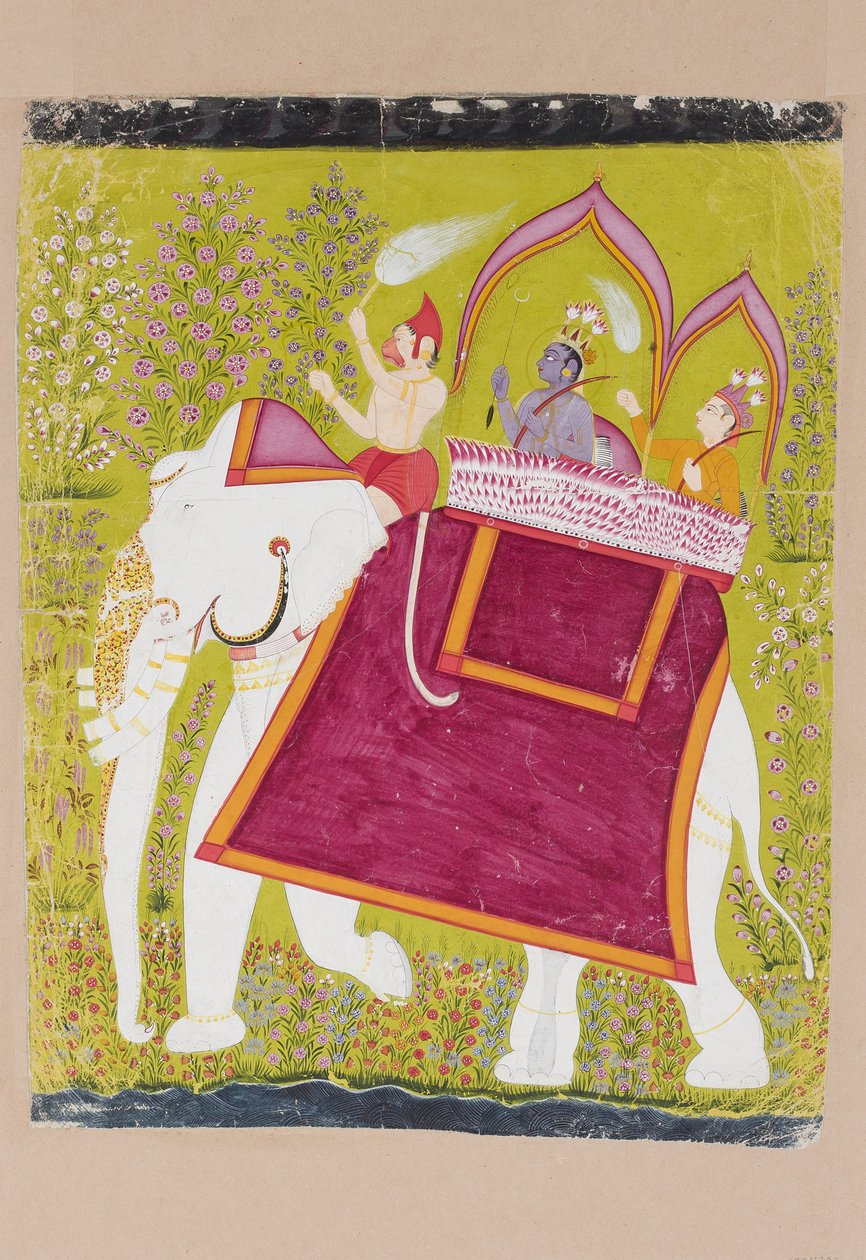 Rama ja Lakshman valkoisen norsun haussa Hanumanin mahoutina, 1700-luvun loppu (läpinäkymätön wc paperilla) tekijältä Indian School