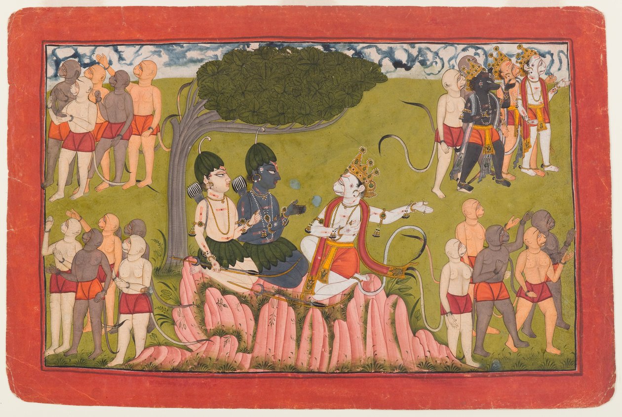 Rama ja Lakshmana neuvottelevat Sugrivan kanssa Sitan etsinnästä, folio hajallaan olevasta Ramayana-sarjasta, n. 1770-10 (wc paperilla) tekijältä Indian School