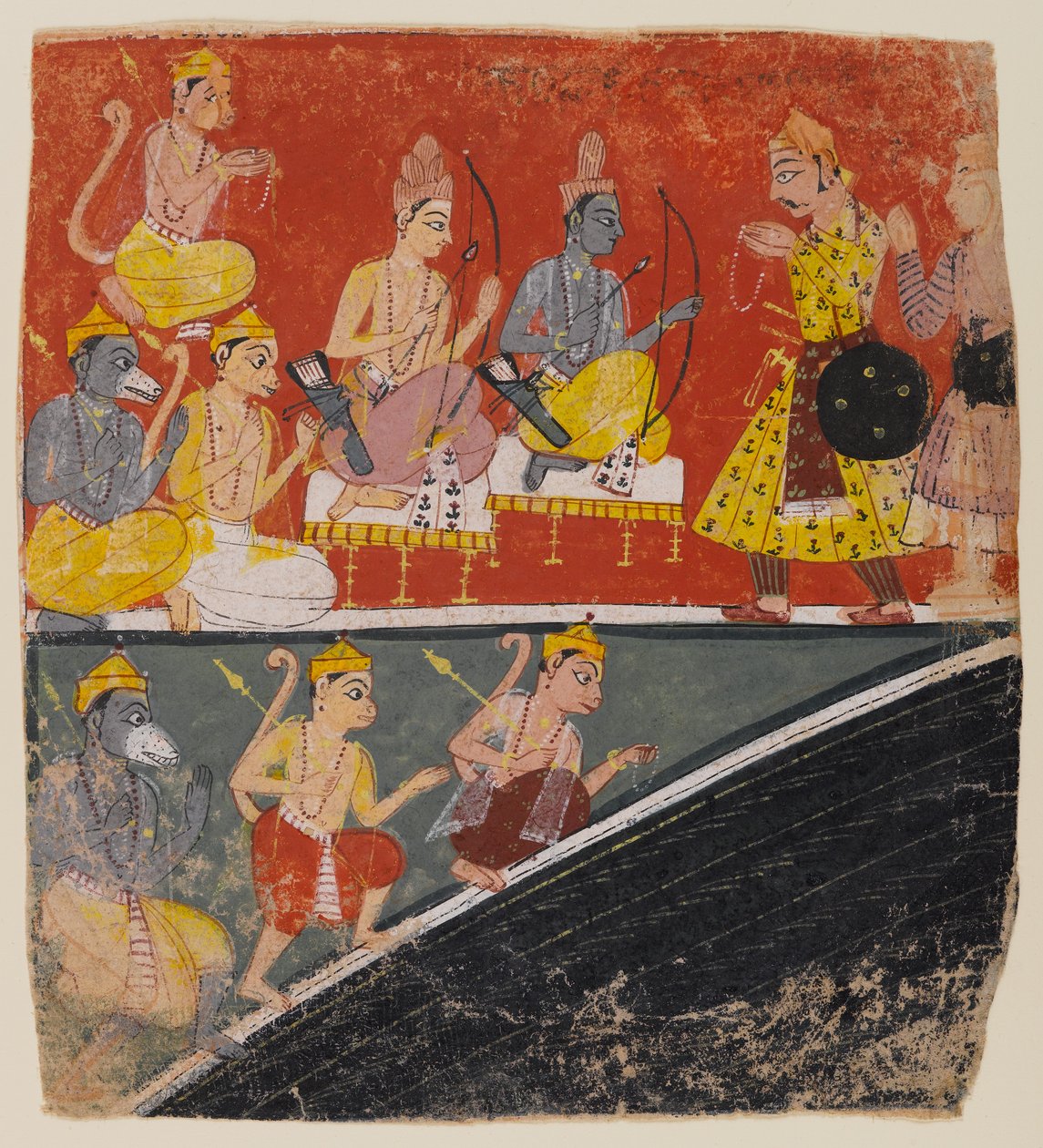 Rama ja Lakshmana vastaanottavat lähettiläitä, sivu hajallaan olevasta Ramayana-sarjasta, n. 1634 (wc paperilla) tekijältä Indian School