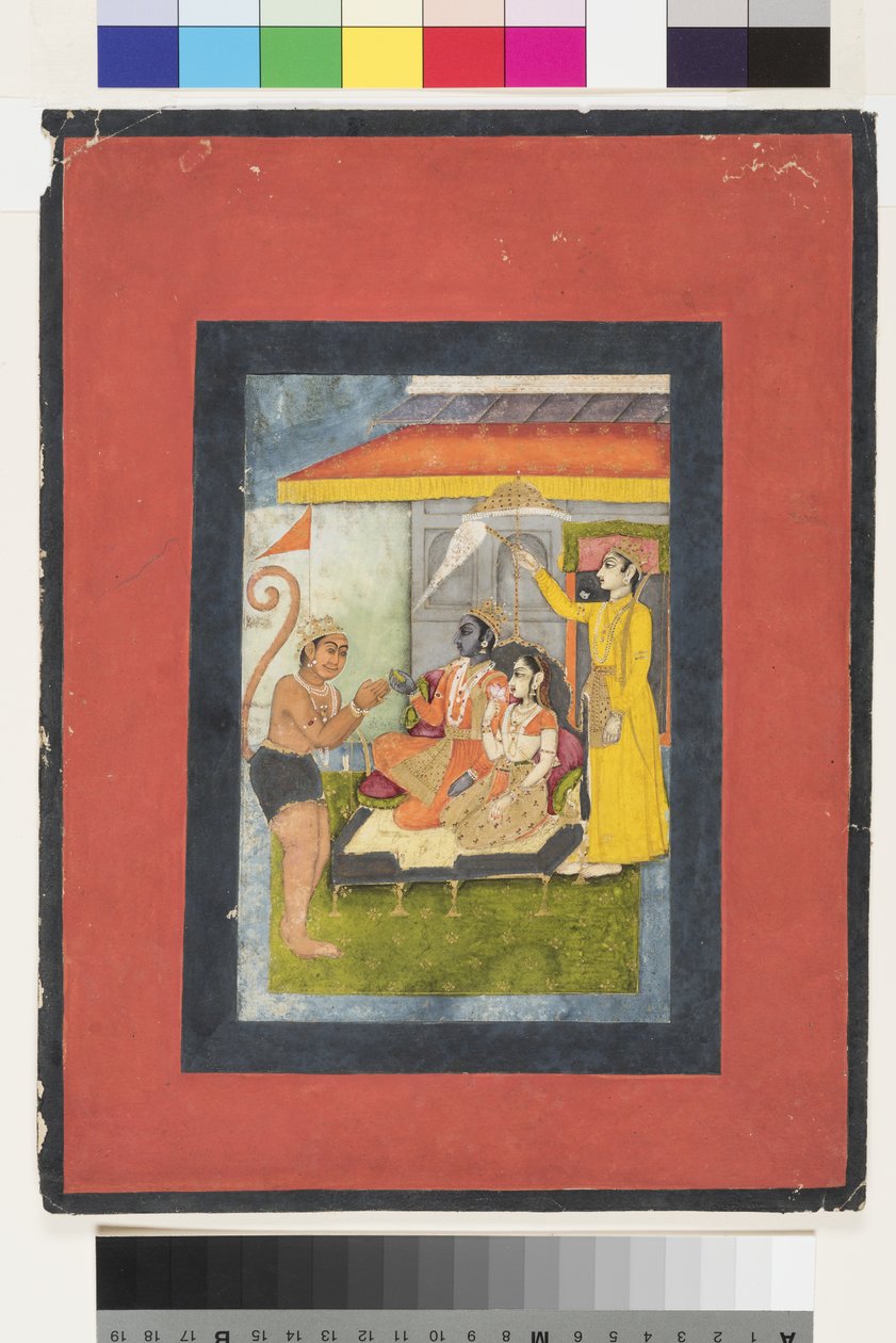 Rama ja Sita valtaistuimella, Hanumanin jumaloimia; Lakshmanalla on morkali, n. 1780 (läpinäkymätön wc ja kultaa paperilla) tekijältä Indian School