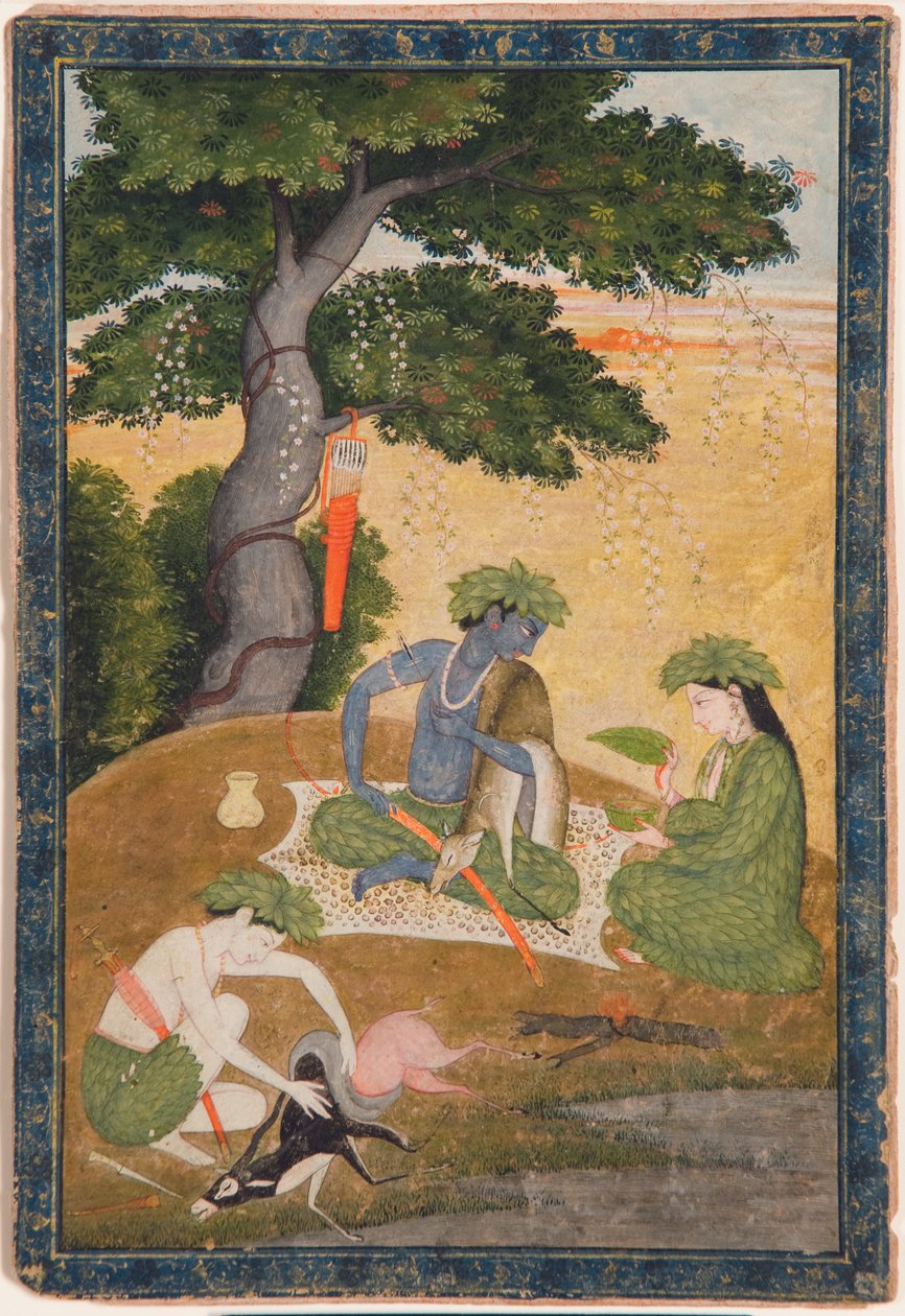 Rama, Sitan ja Lakshmanan kanssa metsässä, Ramayanasta, n. 1790 (läpinäkymätön wc ja kultaa paperilla) tekijältä Indian School