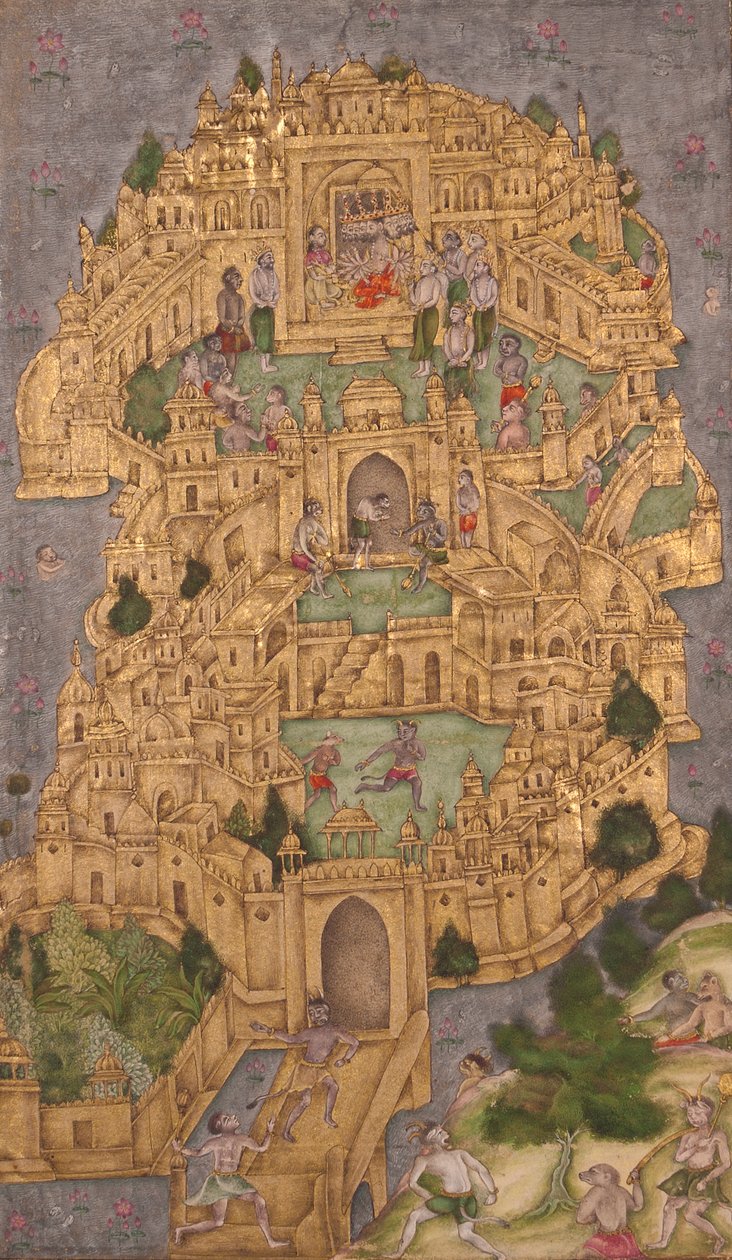 Ravanan kultainen linnoitus Lankassa, n. 1610 (läpinäkymätön wc ja kultaa paperilla) tekijältä Indian School