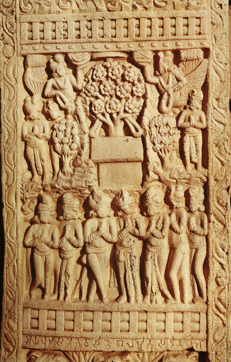 Reliefi, joka kuvaa Buddhan palvomista puun edustamana, myöhäinen Mauryan-kausi, Sunga-dynastia (180-72 eKr.) tekijältä Indian School