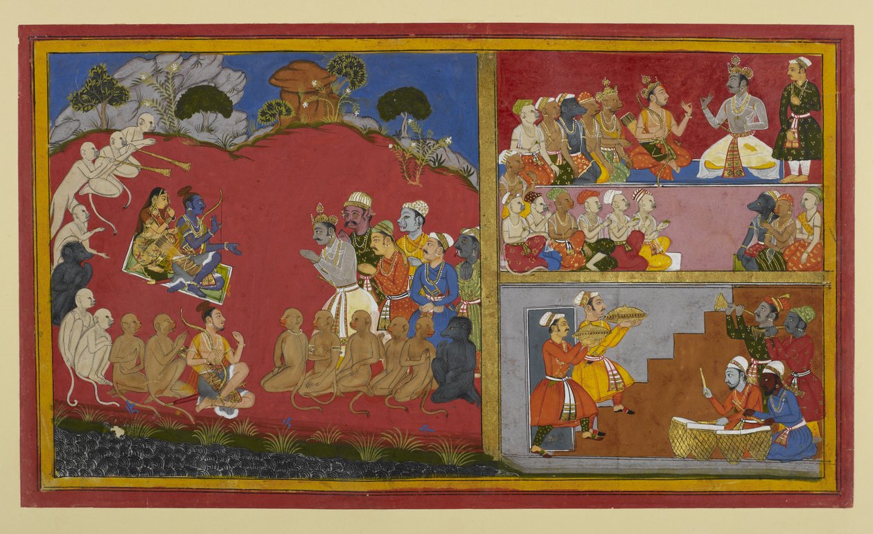 Rāma hyväksyy kunnianosoituksen mutta odottaa paluuta Ayodhyaan; Vibhīṣaṇa järjestää durbarin apinoiden ja karhujen johtajille. tekijältä Indian School