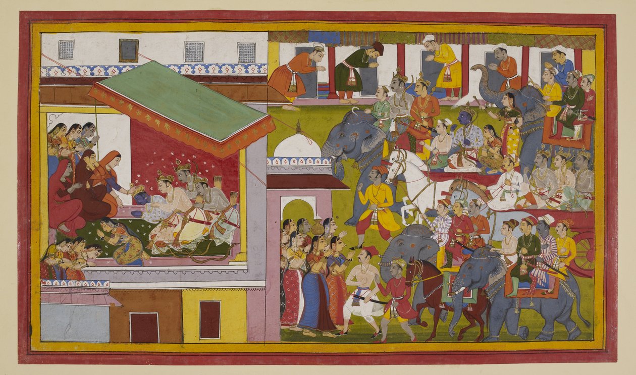 Rāman voittokulkue saapuu Ayodhyaan; hän kumartaa kuningattarien edessä. tekijältä Indian School