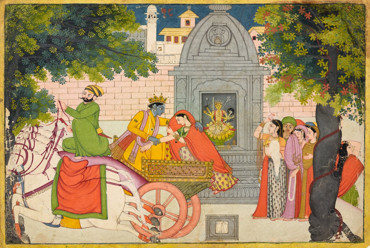 Rukmini karkaa Krishnan kanssa, folio Bhagavata Puranalta, n. 1780 tekijältä Indian School