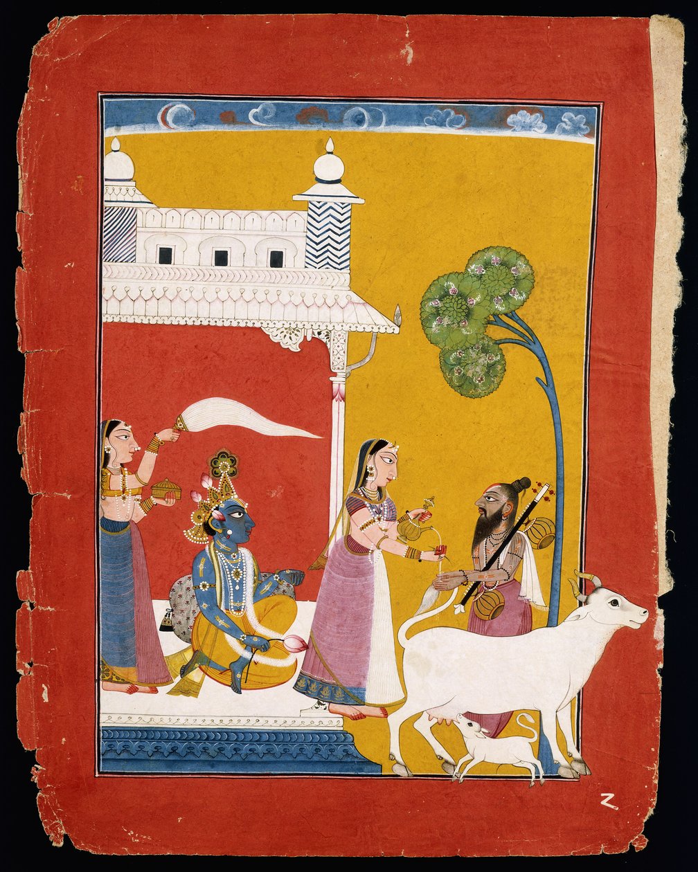 Rukmini tarjoaa vettä viisaalle Naradalle puolisonsa Krishnan istuessa talossaan, n. 1725-1730 tekijältä Indian School