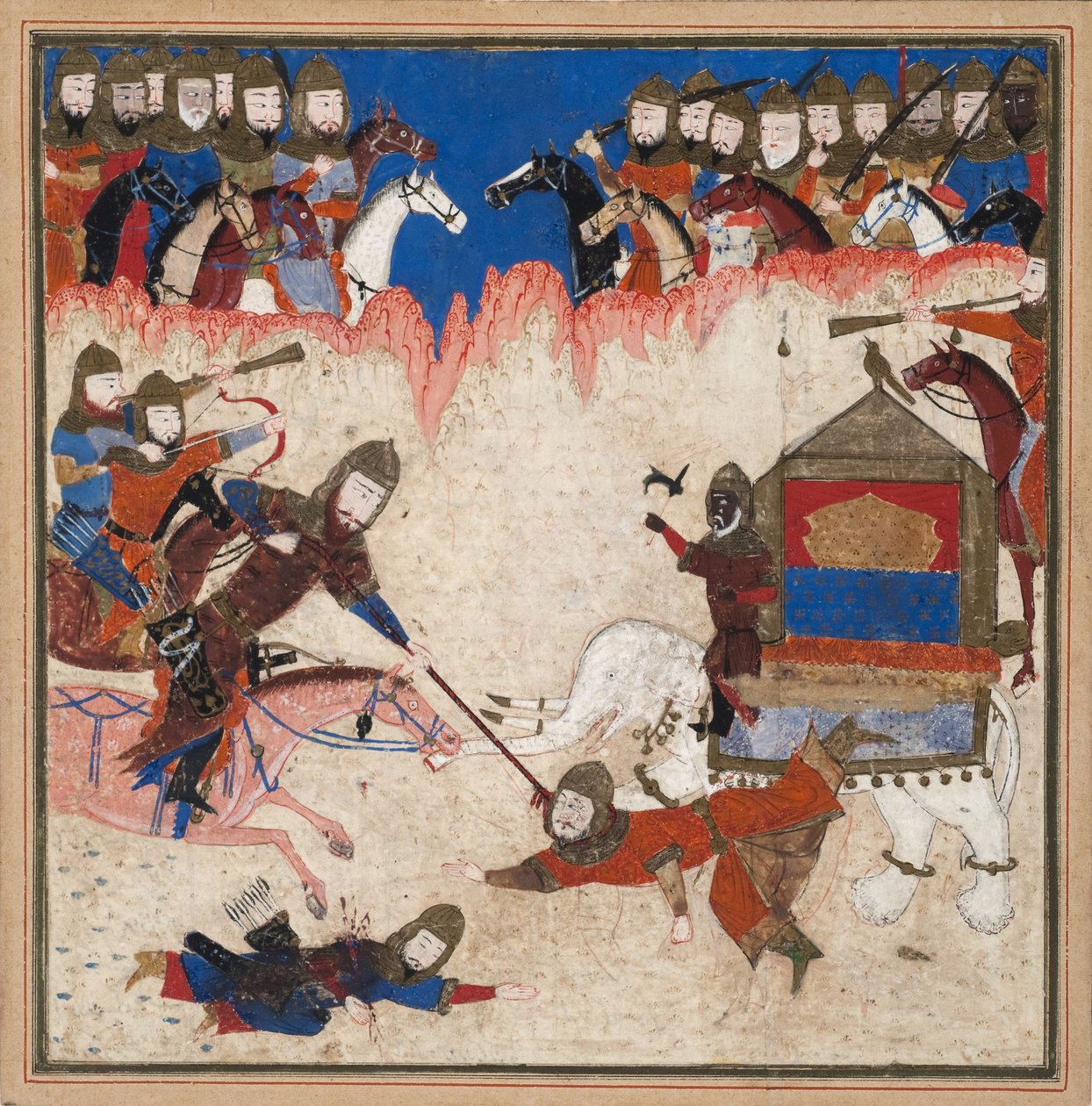 Rustam lassoi Kiinan khaqania ja vetää sen elefantistaan, n. 1450 (läpinäkymätön wc ja kultaa paperilla) tekijältä Indian School