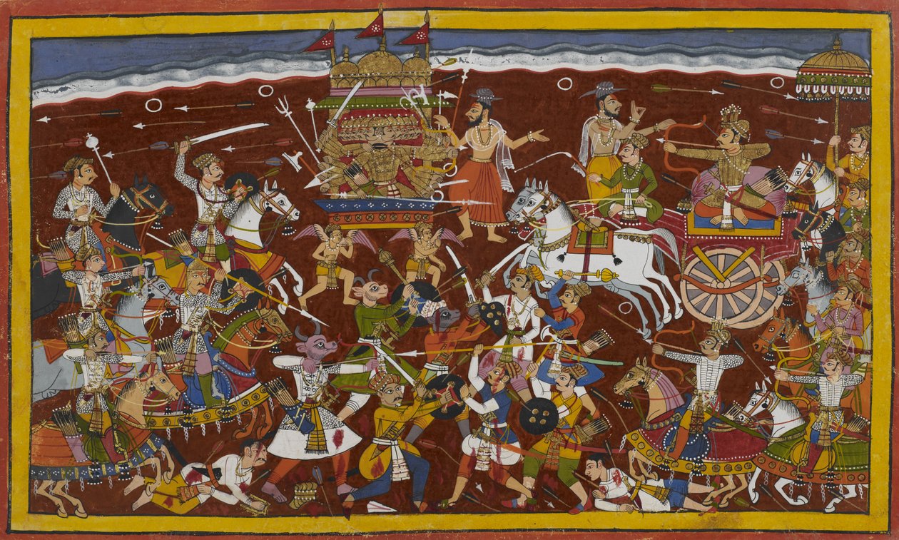 Rāvaṇa taistelee Mandhātaa vastaan, mutta tietäjät sovittavat heidät yhteen. tekijältä Indian School