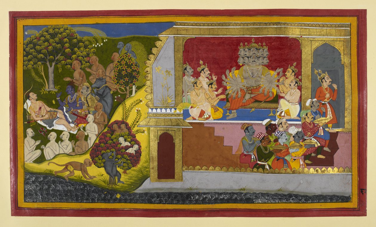 Rāvaṇa käskee Kumbhakarṇan heräämistä; Rāma ja johtajat pyrkivät Lakṣmaṇan puoleen. tekijältä Indian School