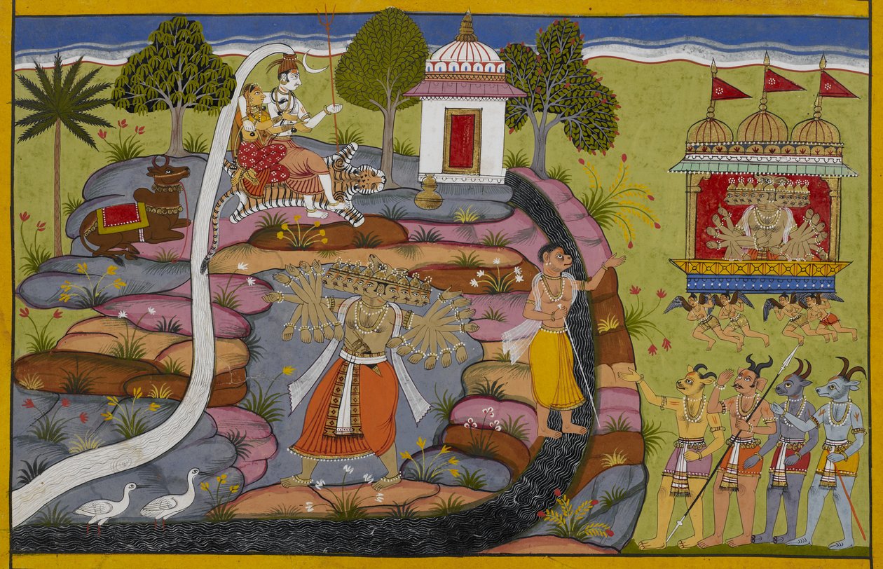 Rāvaṇa ratsastaa Puṣpakan vaunuilla, sitten nostaa ja ravistelee Kailāsa-vuorta haastaakseen Śivan. tekijältä Indian School