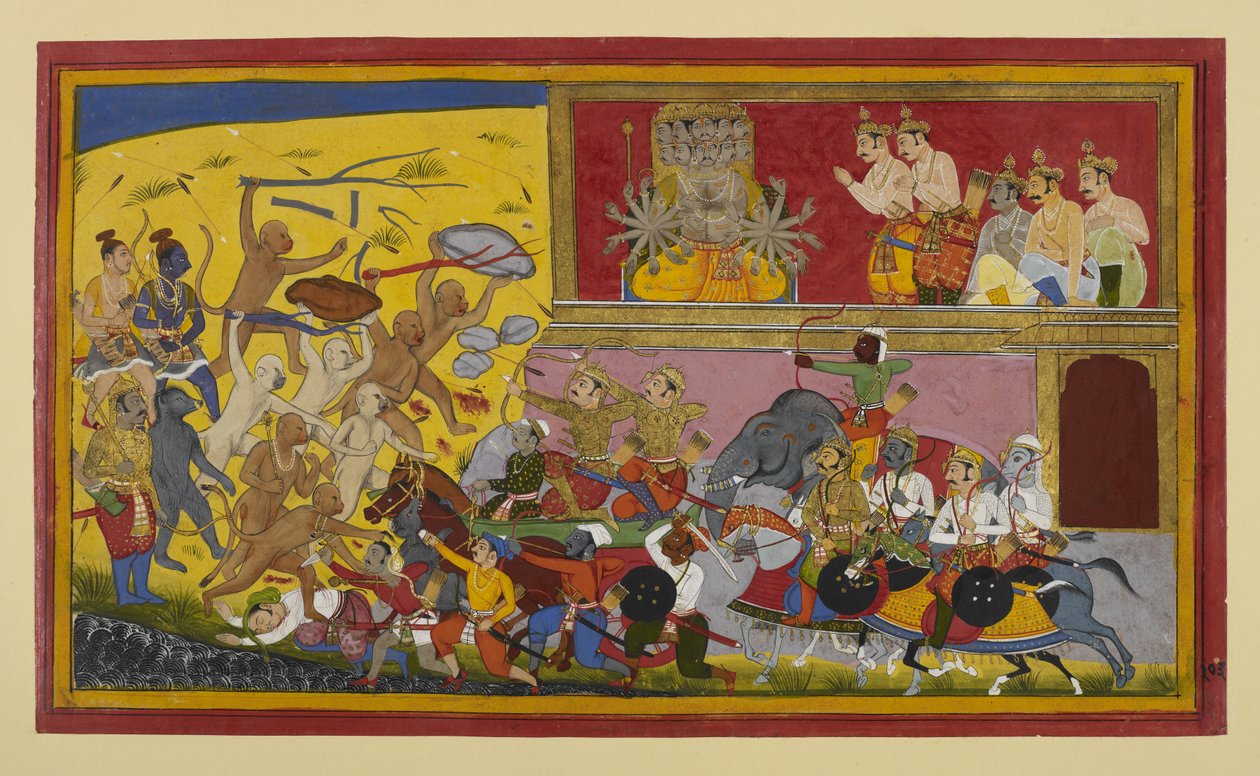 Rāvaṇa lähettää Kumbhan, Nikumbhan ja demonit taistelemaan apinoita vastaan, Rāma ja liittolaiset katsovat vierestä. tekijältä Indian School