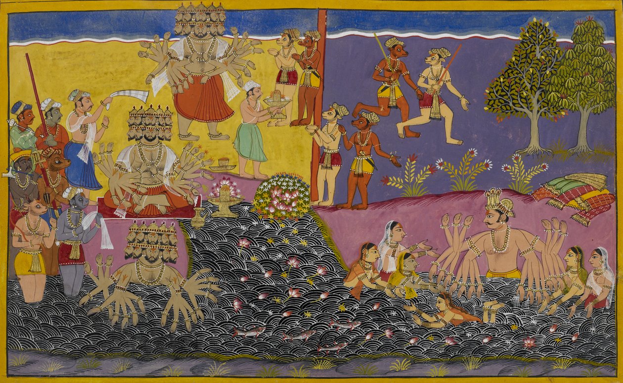 Rāvaṇa palvoo lingaa Narmadassa, kun kuningas Arjuna kylpee lähellä. tekijältä Indian School