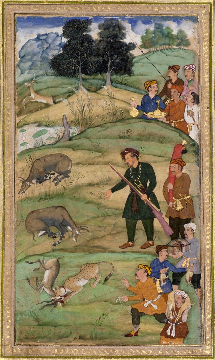 Salim, pitelee kivääriään, osoittaa kuolleelle nilgaille, n. 1600 (läpinäkymätön wc ja kultaa paperilla) tekijältä Indian School