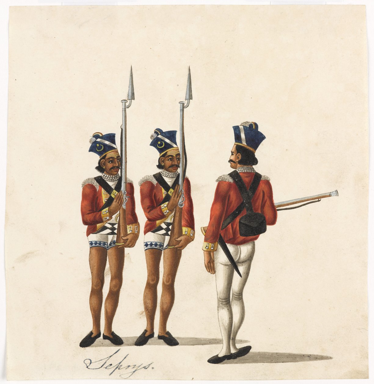 Sepoys ja intialainen upseeri, Bengalin armeija, n. 1815 (akvarelli paperille) tekijältä Indian School