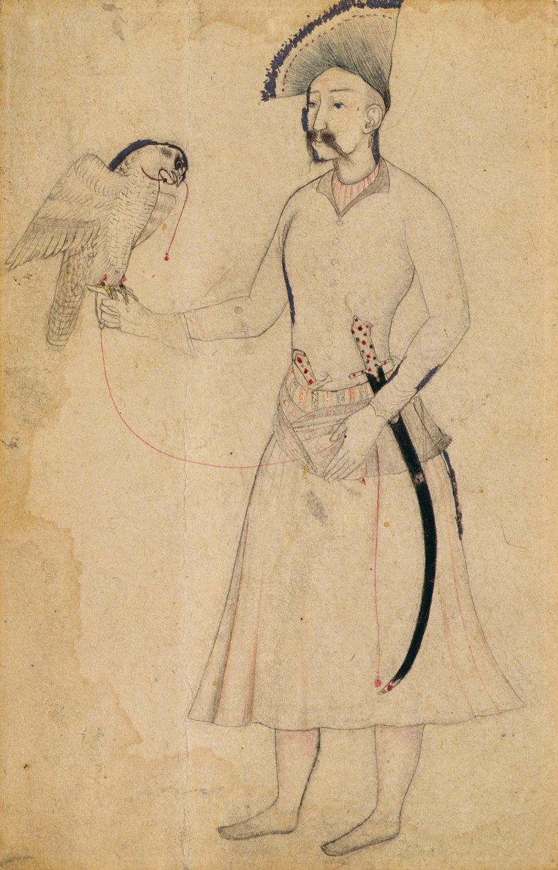 Persian shah Abbas I (1588-1629) pitelee haukkaa 1600-luvun alun alkuperäisen Mughalin mukaan, 1800-luvun alussa (sivellinpiirros paperille) tekijältä Indian School