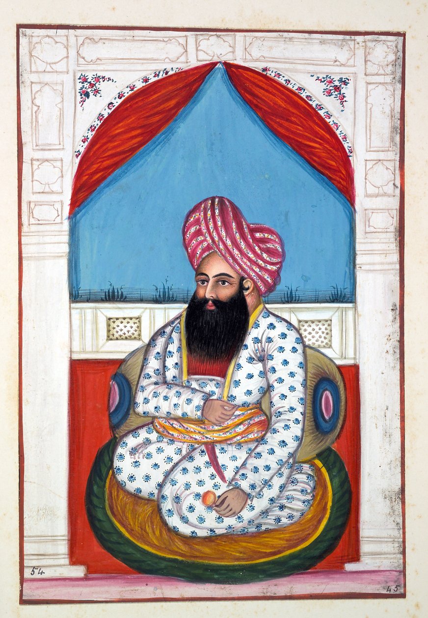 Shah Ayub Shah Padishah, kirjasta The Kingdom of the Punjab, its Rulers and Chiefs, osa II, 30 akvarellitutkimuksen osio tunnistamattomalta intialaiselta taiteilijalta, n. 1840 (wc paperilla) tekijältä Indian School