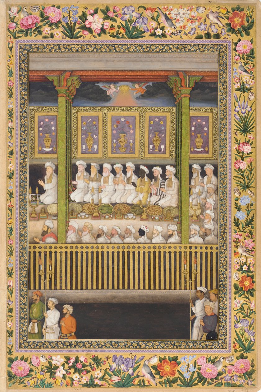 Shah Jahan Honors the Religious Orthodoksia, sivu Pietarin albumista, n. 1635 (läpinäkymätön akvarelli ja kulta paperilla) tekijältä Indian School
