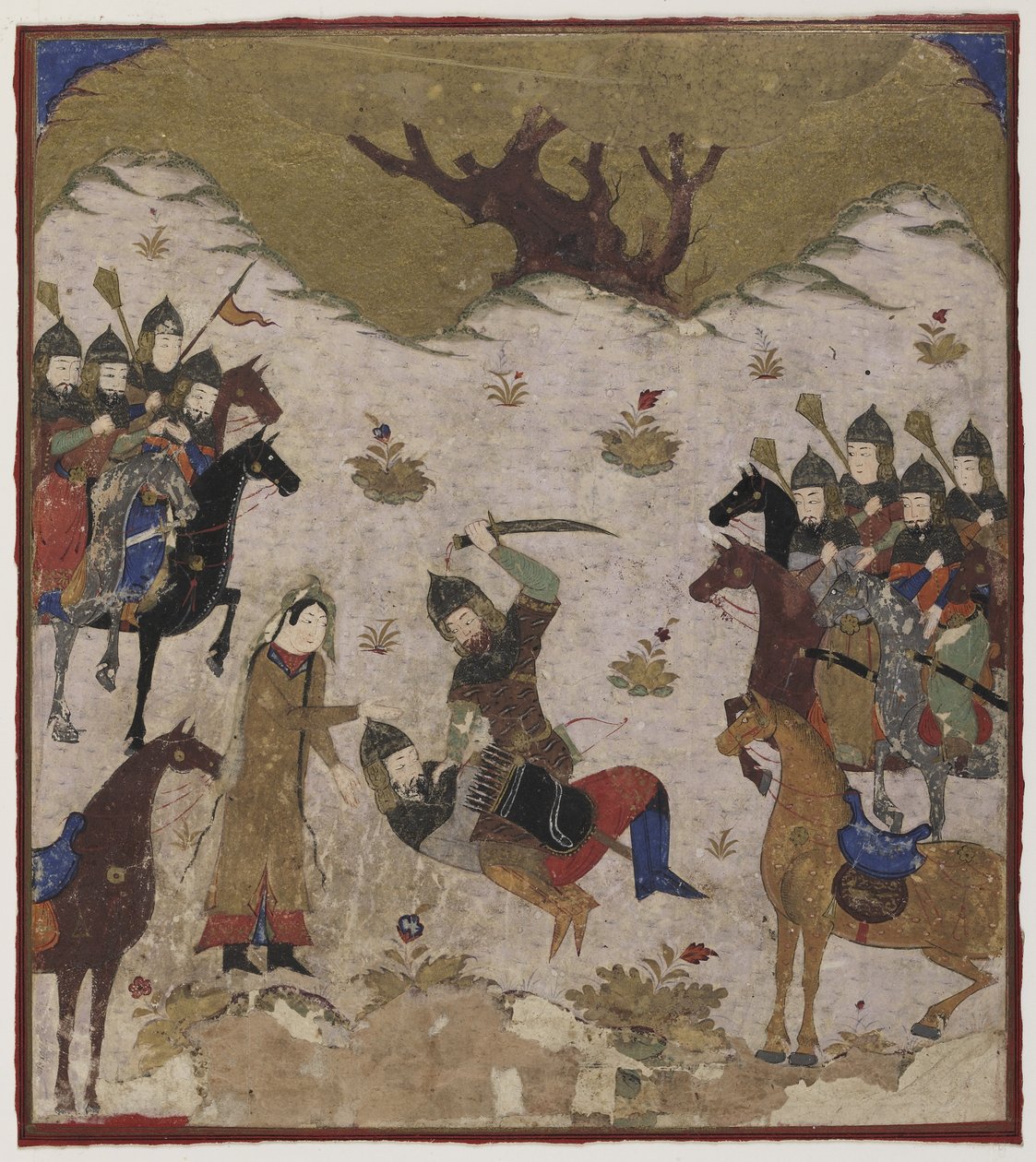 Shahru tunnistaa Burzun Rustamin pojanpojaksi viimeisessä taistelussa Rustamin ja Burzun välillä, n. 1425-1450 (läpinäkymätön akvarelli ja kulta paperilla tekijältä Indian School