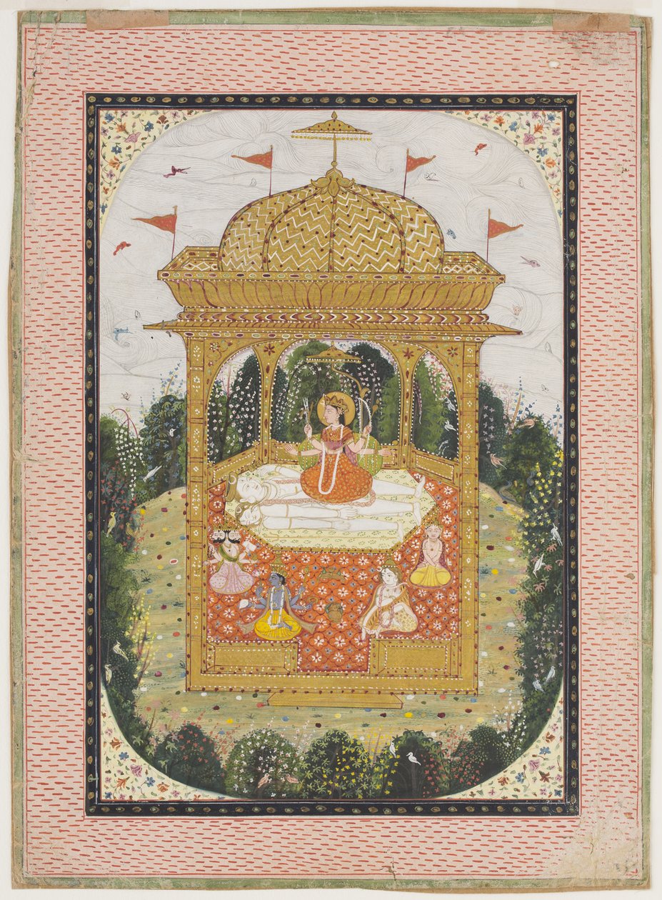Shakti Shivan ja muiden jumalien kanssa temppelissä, n. 1780 (guassi ja kullattu paperilla) tekijältä Indian School