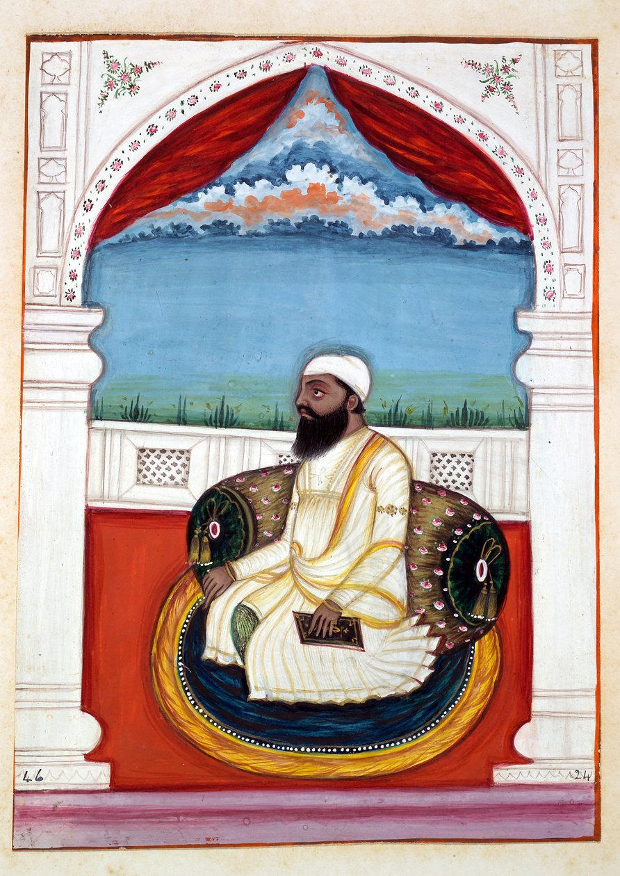 Sheikh Mohi-od-deen, kirjasta The Kingdom of the Punjab, sen Rulers and Chiefs, osa II, 30 akvarellitutkimuksen osio tuntemattomalta intialaiselta taiteilijalta, n. 1840 (wc paperilla) tekijältä Indian School