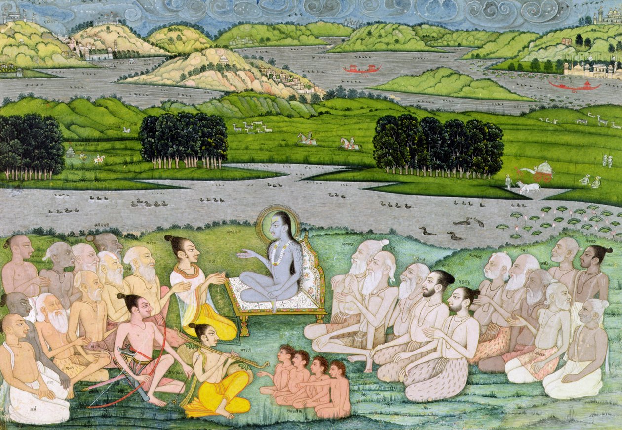 Shri Sukdevji saarnaa Sadhusin seurakunnalle Rajasthanissa, n. 1757 tekijältä Indian School