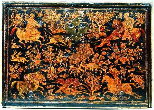 Kirjoituskaapin sivu, joka kuvaa aatelisia metsästämässä, 1600-luku (lakattu puu) tekijältä Indian School
