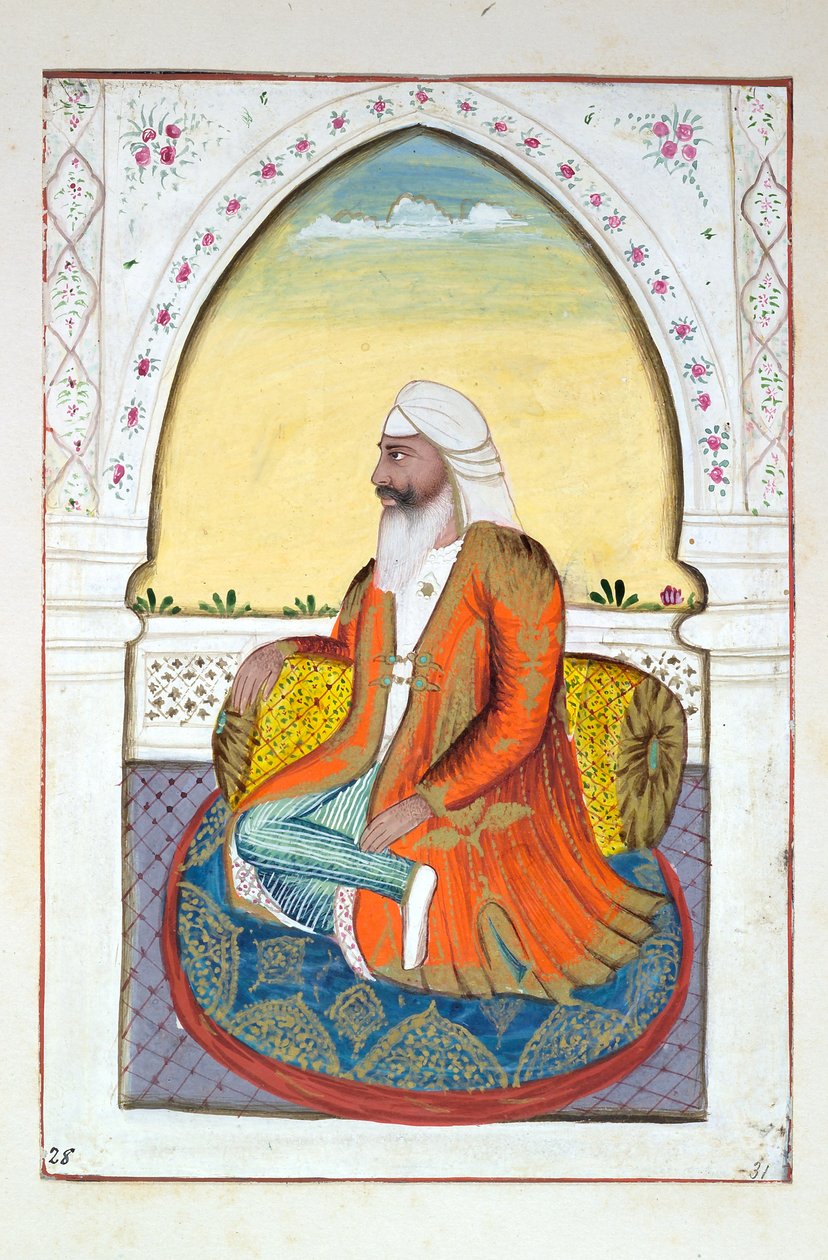 Sirdar Fatteh Singh, kirjasta The Kingdom of the Punjab, its Rulers and Chiefs, osa II, 30 akvarellitutkimuksen osio tuntemattomalta intialaiselta taiteilijalta, n. 1840 (wc paperilla) tekijältä Indian School