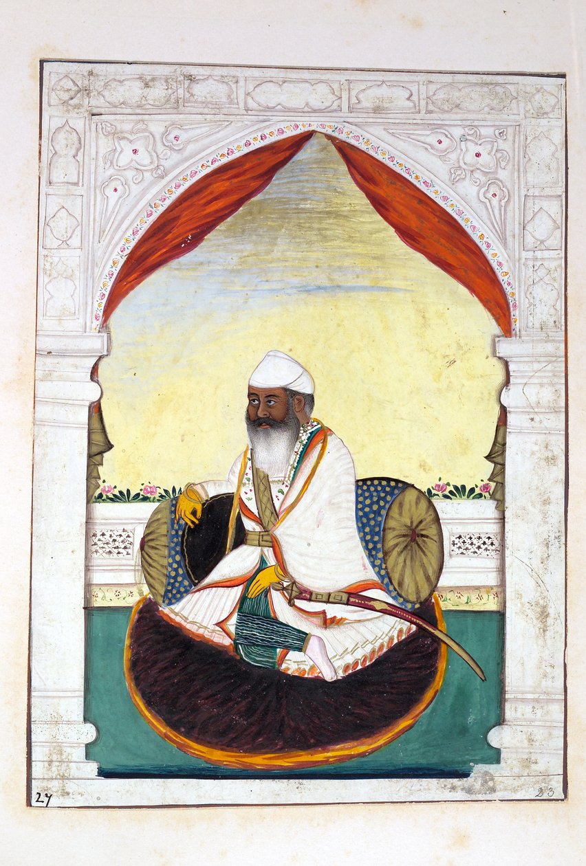 Sirdar Gurmukh Singh Bhai, kirjasta The Kingdom of the Punjab, sen Rulers and Chiefs, osa II, 30 akvarellitutkimuksen osio tuntemattomalta intialaiselta taiteilijalta, n. 1840 (wc paperilla) tekijältä Indian School
