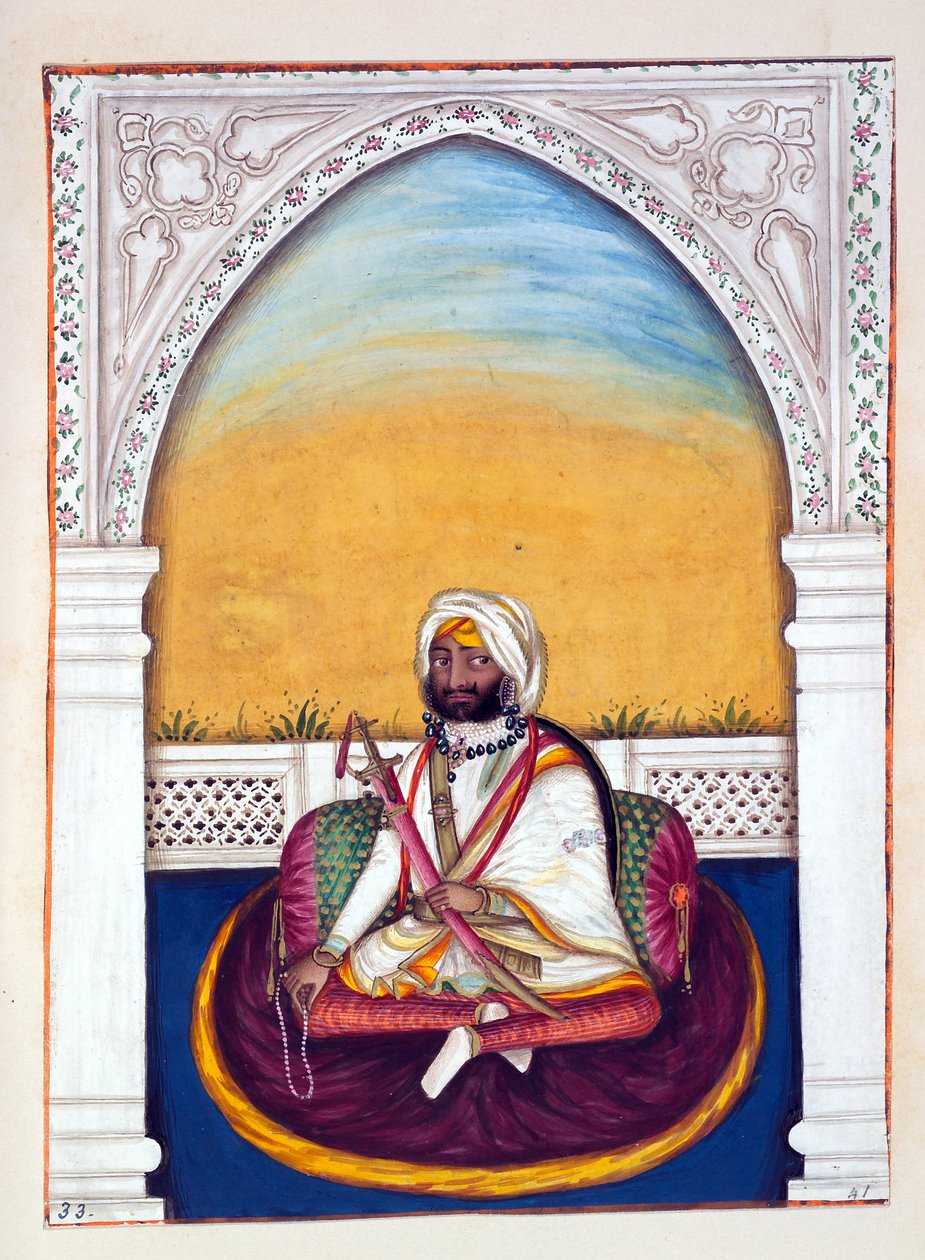 Sirdar Jowahir Singh, kirjasta The Kingdom of the Punjab, its Rulers and Chiefs, osa II, 30 akvarellitutkimuksen osio tuntemattomalta intialaiselta taiteilijalta, n. 1840 (wc paperilla) tekijältä Indian School