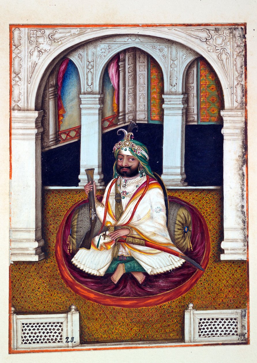Sirdar Lehna Singh, kirjasta The Kingdom of the Punjab, its Rulers and Chiefs, osa I, 27 akvarellitutkimuksen osio tunnistamattomalta intialaiselta taiteilijalta, n. 1840 (wc paperilla) tekijältä Indian School