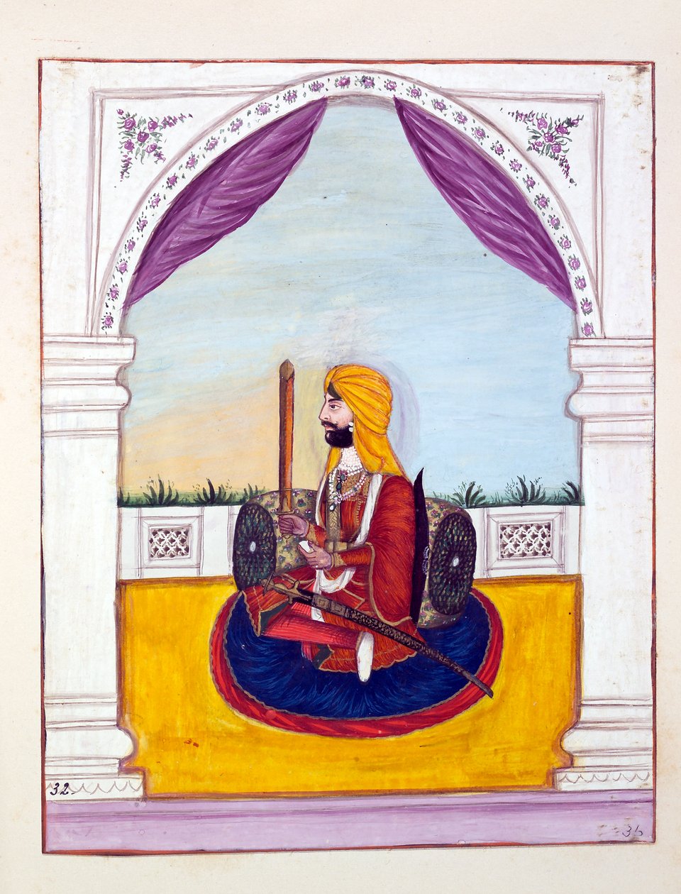 Sirdar Runjodh Singh (Majithia), kirjasta Punjabin kuningaskunta, sen hallitsijat ja päälliköt, osa II, nide 30 akvarellitutkimusta tuntemattomalta intialaiselta taiteilijalta, n. 1840 (wc paperilla) tekijältä Indian School